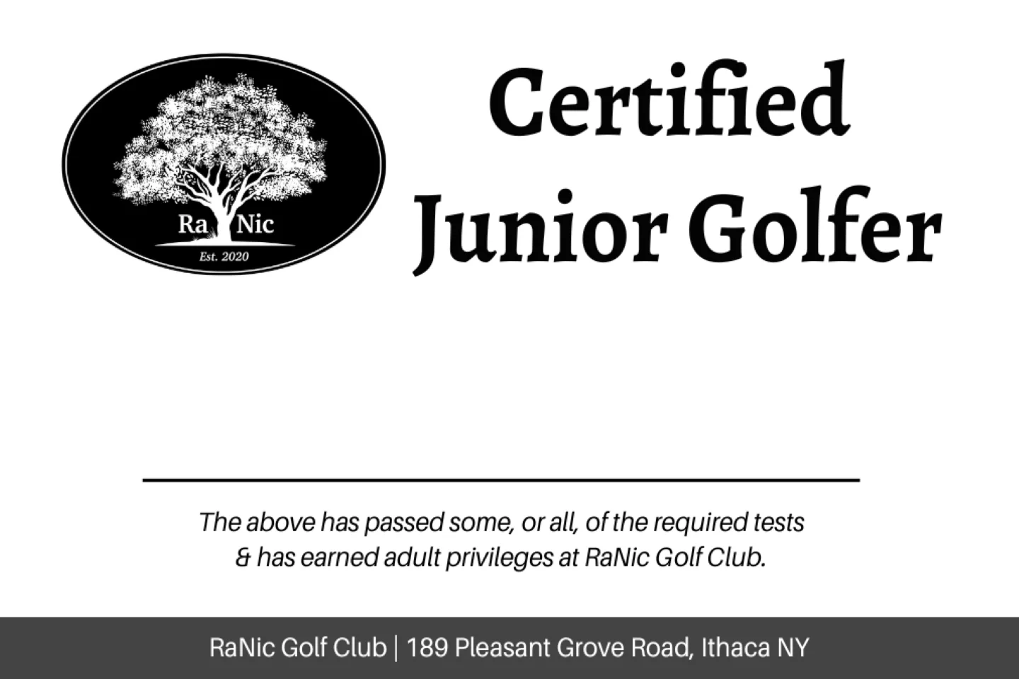 RaNic's Junior Golfer Certification Card